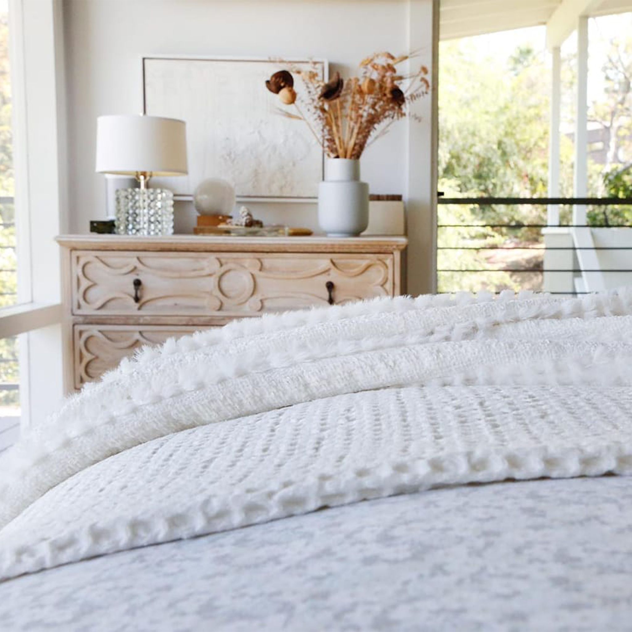 Camille Oversized Throw-60&quot; x 90&quot; Throw-Winter White-Pom Pom at Home