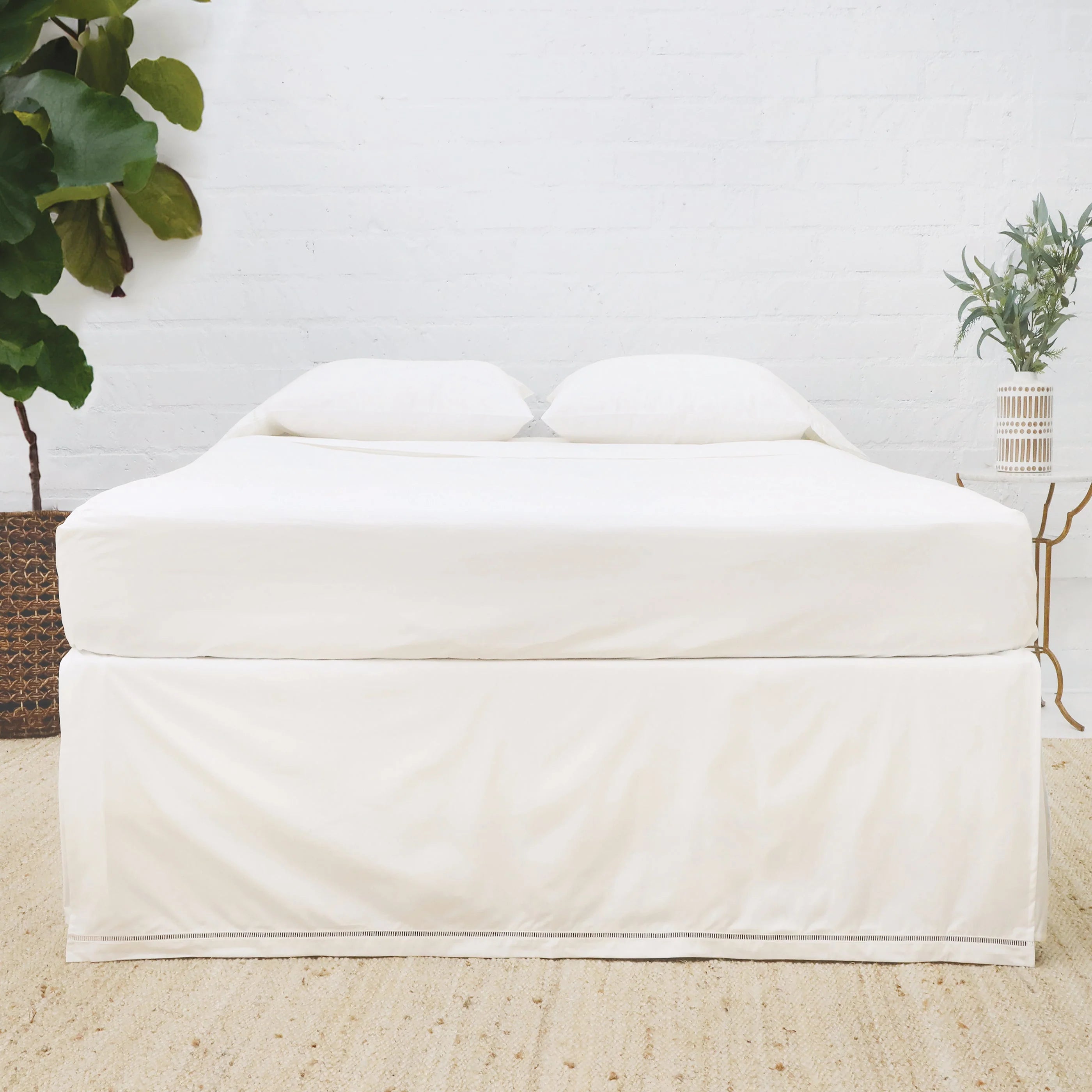 Como Ladder Stitch Cotton Sateen Bedskirt-Twin-Ivory-Pom Pom at Home