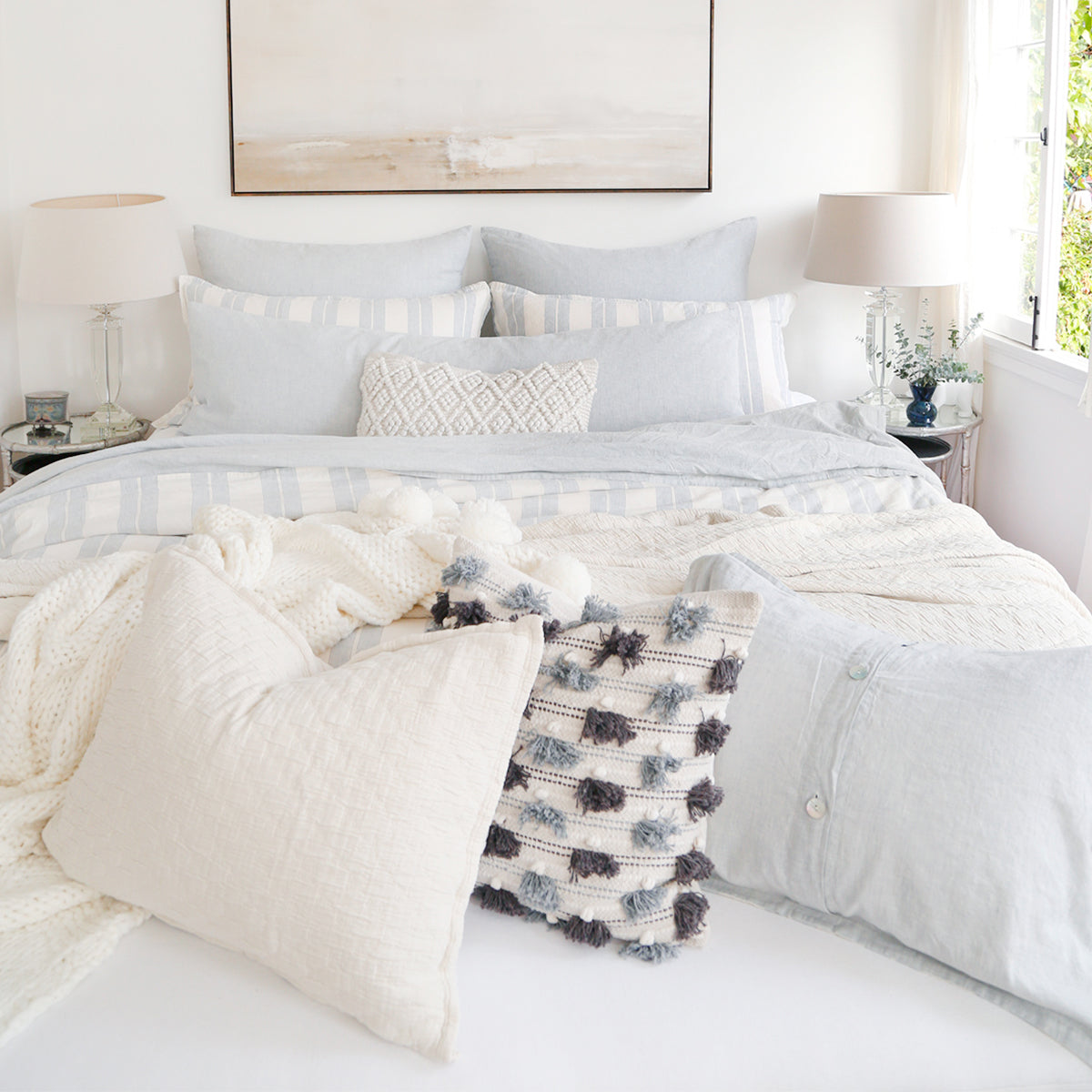 carter - ivory/denim color - duvet set - pom pom at home