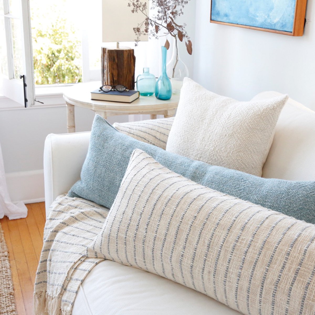 Jojo Oversized Throw-60&quot; x 90&quot; Throw-Ivory/Blue Grey-Pom Pom at Home